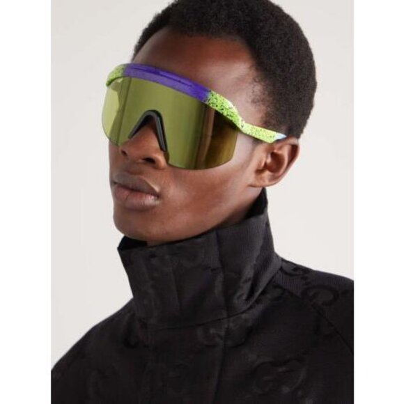 Gucci GG1477S 001 Sunglasses Violet Shaded Green Shield Frame,Light Green Lenses main image 8